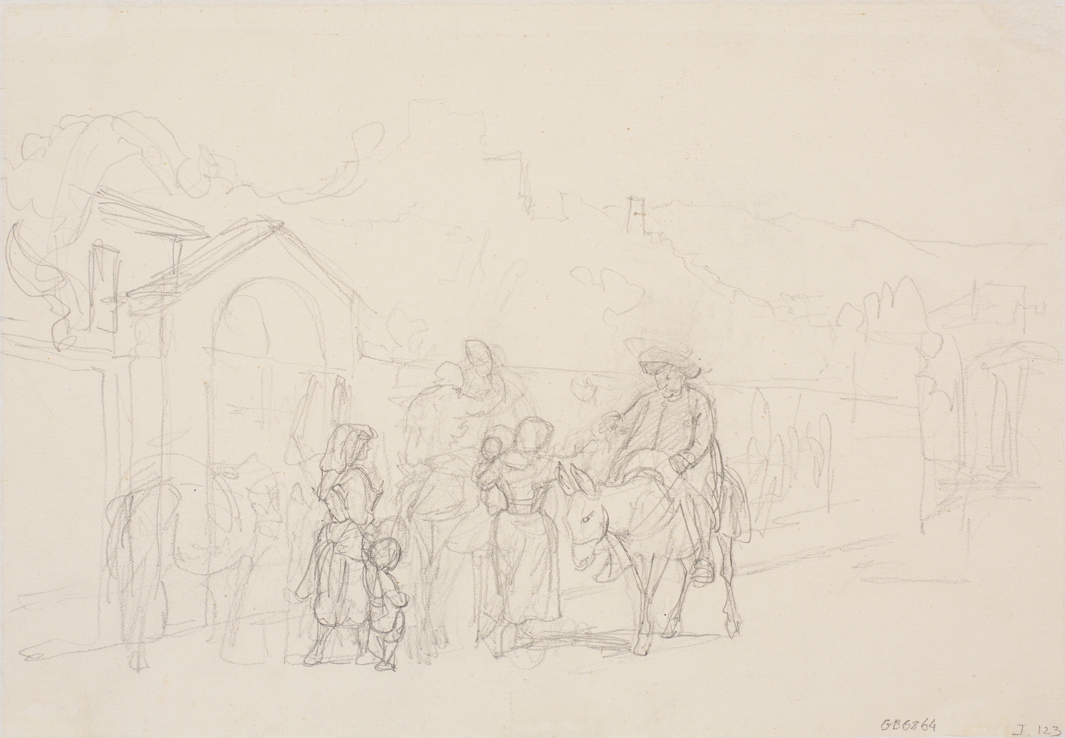 Italiensk landsbygade med æselridende præst, der velsigner kvinder og børn